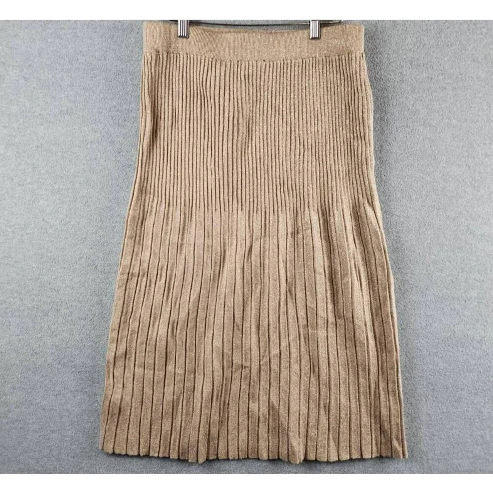 T Tahari Metallic Pleated Pull-On Midi Skirt Women's M Gold Ribbed Elastic Waist